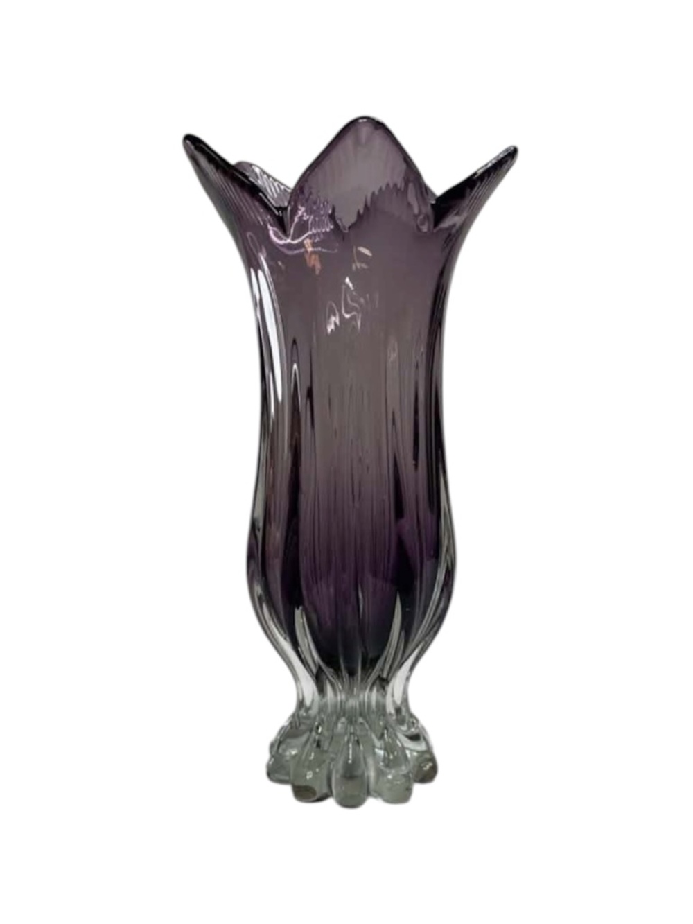 Vintage Purple Art Glass Tulip Vase Murano Style Heavy Ribbed MCM Decor